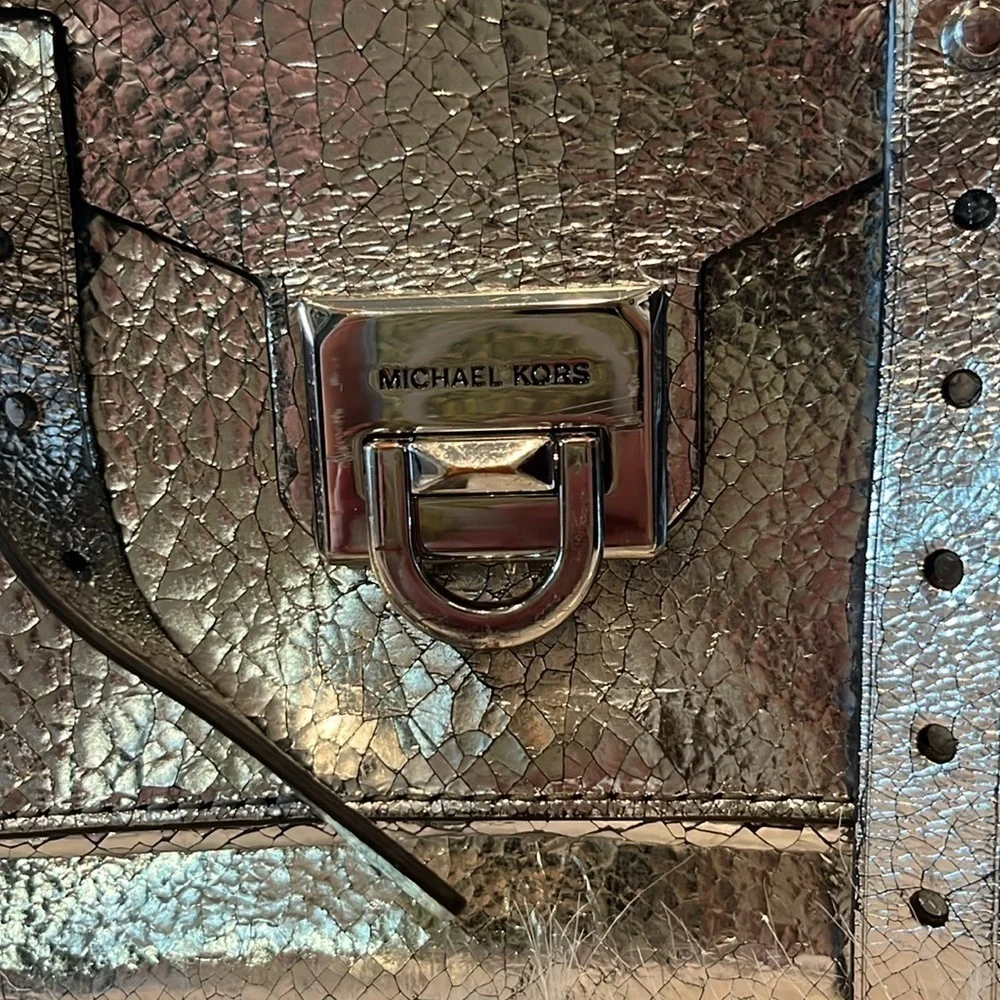 Michael Kors Silver Leather Satchel Handbag cyberpunk Avant Garde artsy unique